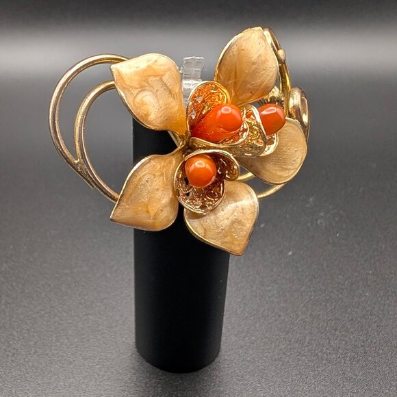 Flower Brooch with Orange Coral Cabochons - 1960's - Vintage - Picture 3 of 8